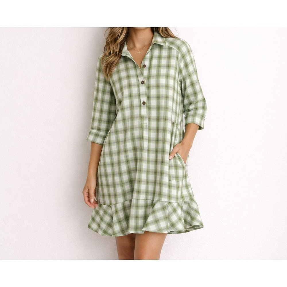 Holly Shae Green Gingham Plaid Shirt Dress SZ XS/Flowy‎ Tiered Ruffle Hem NWT